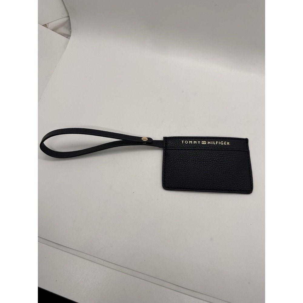 Tommy Hilfiger Black Pebbled Leather Card Holder Wristlet ID Case Keychain Strap